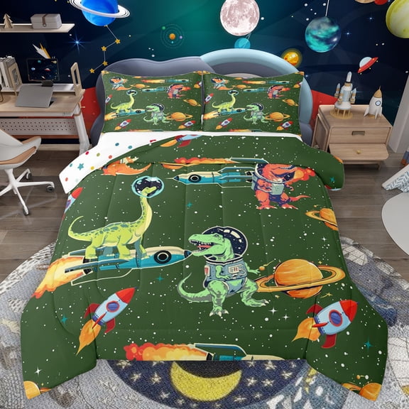 Feelyou Cute Green Dinosaur Bedding Comforter Set for Child, Outer Space Twin Comforter Sets, Kawaii Animal Astronaut Reversible Bedding Set, Ultra Soft Bedroom Decor, 2 Pieces