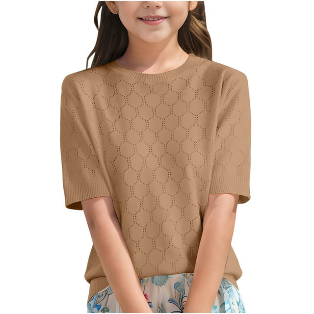 Posijego Chandail à Manches Courtes pour Filles, Col Rond, Tricoté, Décontracté, Ample