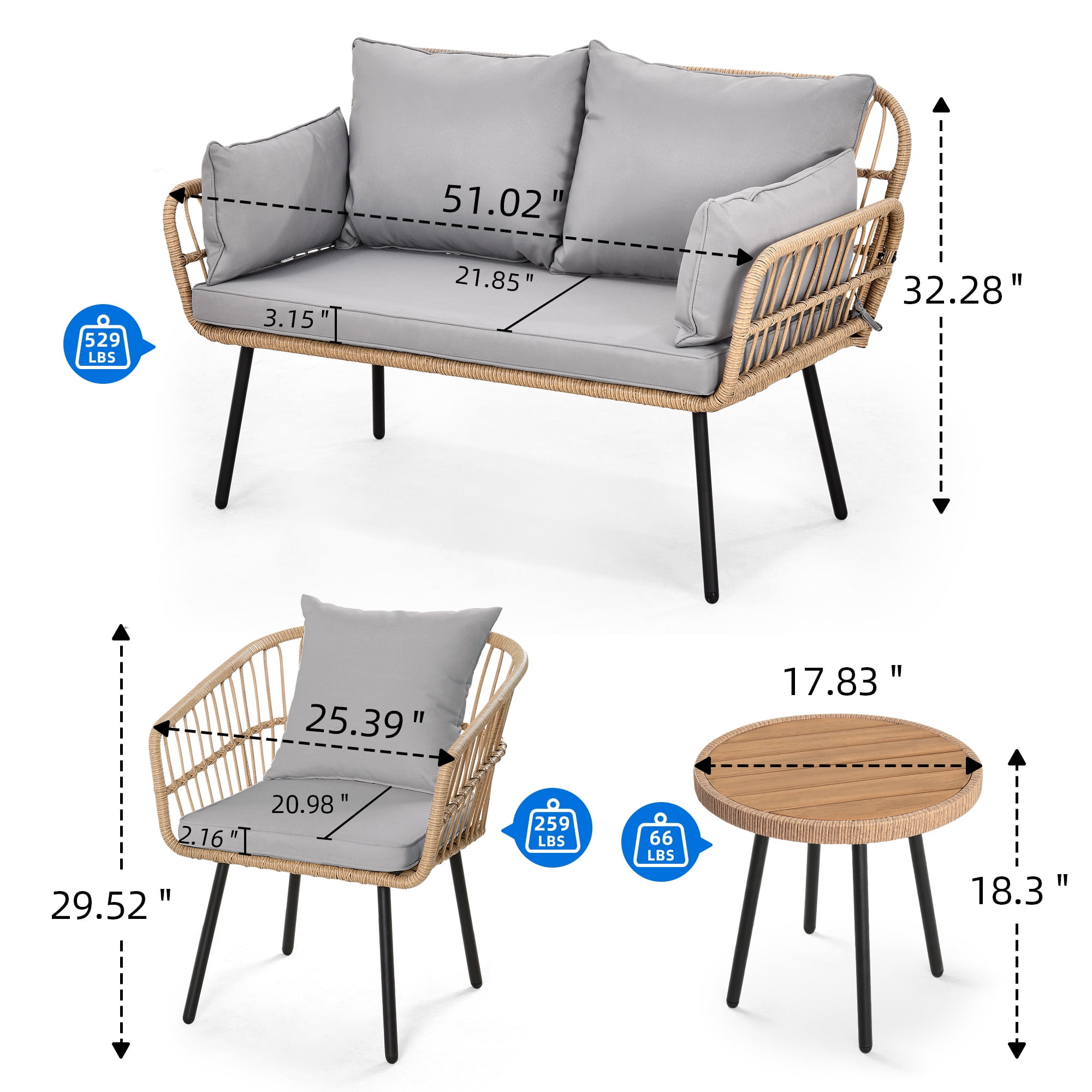 Uforic 4 Pieces Patio Conversation Set,Patio Furniture Set of Rattan Bistro Set with Loveseat Chair - Gray