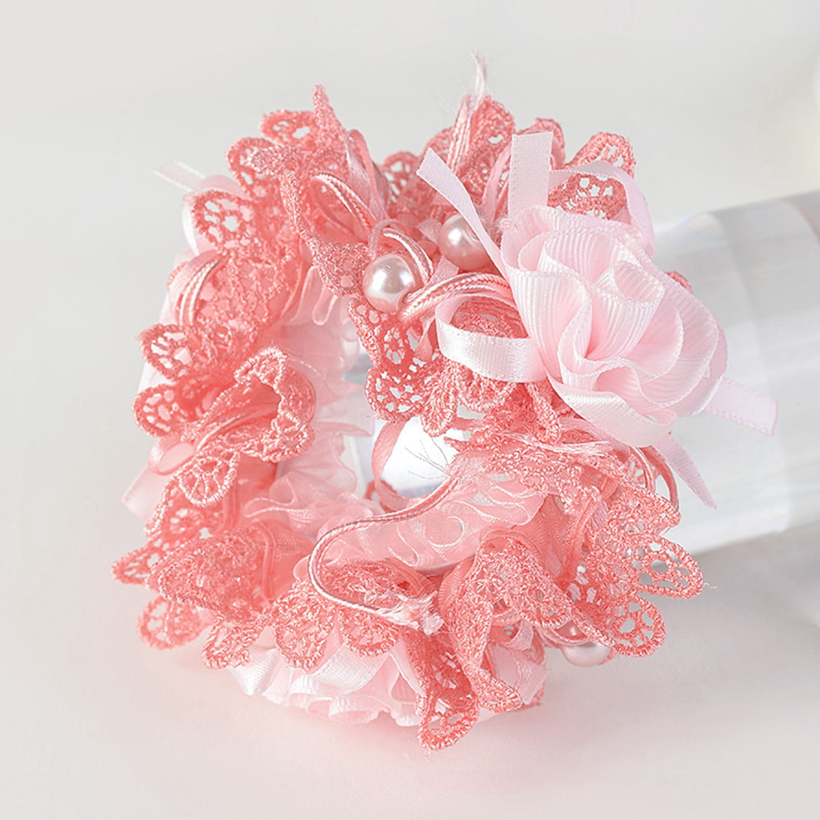 6Pcs Elegant Lace Scrunchies Hair Ties for Women Girls,Flower Scrunchy Hairtieswith Pearl for Thick Curl Hair Accessories