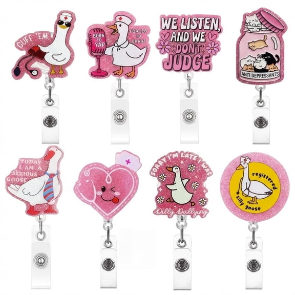 Silly Goose Badge Reel - Retractable ID Holder With Alligator Clip, Cute Acrylic Name Tag Accessory For Nurse, Doctor, Teacher, Student, Office Staff