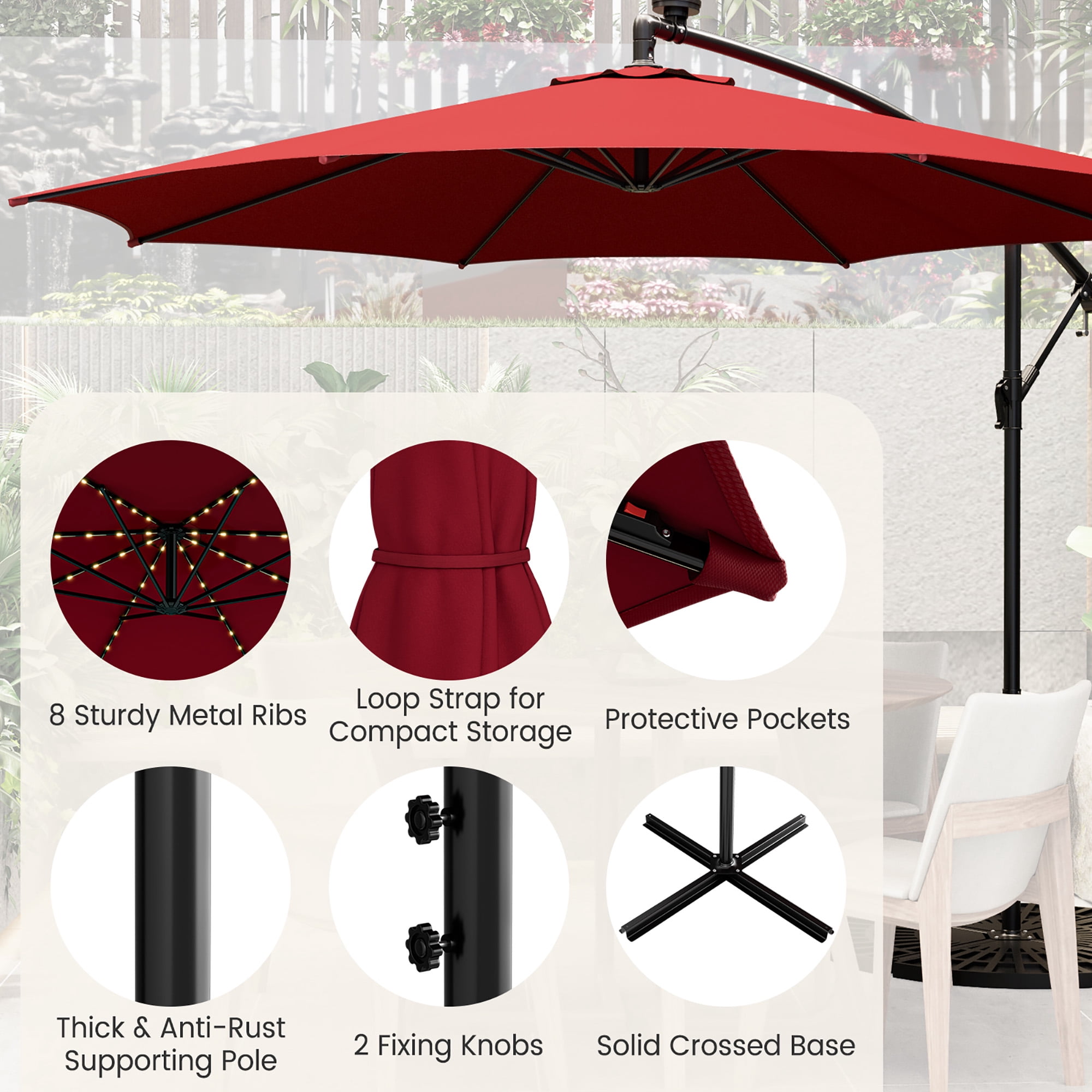 Costway 10ft Red Octagon Patio Solar-Lighted 112 LED Cantilever Offset Umbrella, Fade Resistant