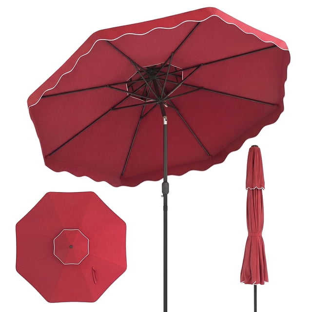 Gymax 10 FT Patio Umbrella w/Push Button Tilt & Crank 2-Tier Vented Top 8 Metal Ribs Wine