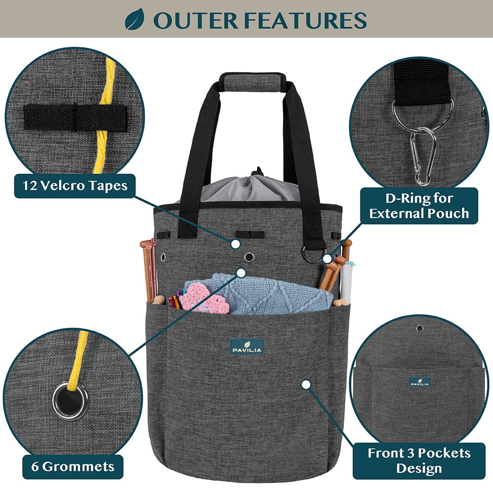 PAVILIA Knitting Bag Crochet Organizer Bag, Yarn Storage Tote, Knitting Accessories Supplies, Yarn Holder For KnittingWith Grommets, Needles Hooks Essentials, Crochet Project Case (Charcoal Gray)