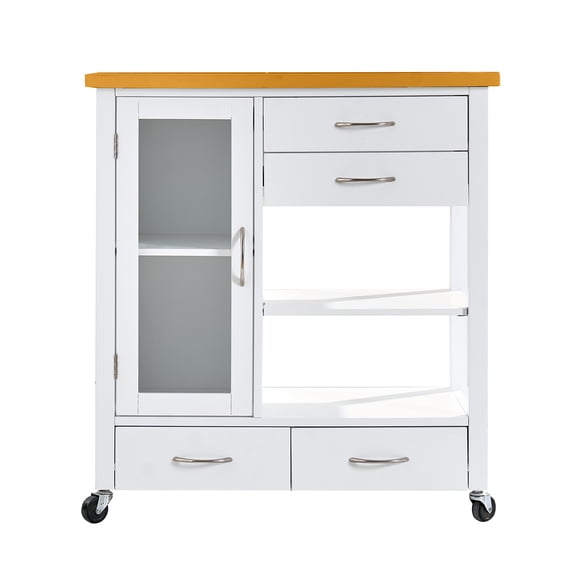 Cterwk 4 Drawers Kitchen Island with Wheels and Open Shelves, Wodo Top Rolling Cart for Dining Room, Kitchen, Bar, White