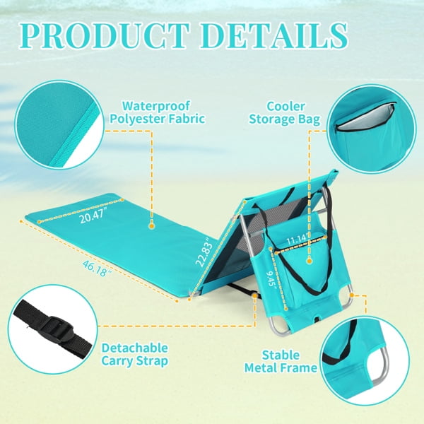 Foldable Beach Lounger, Lightweight Beach Mat Lounge Chair with Breathable Mesh Back, Cooler Pocket for Tanning Relaxing, Mint Green