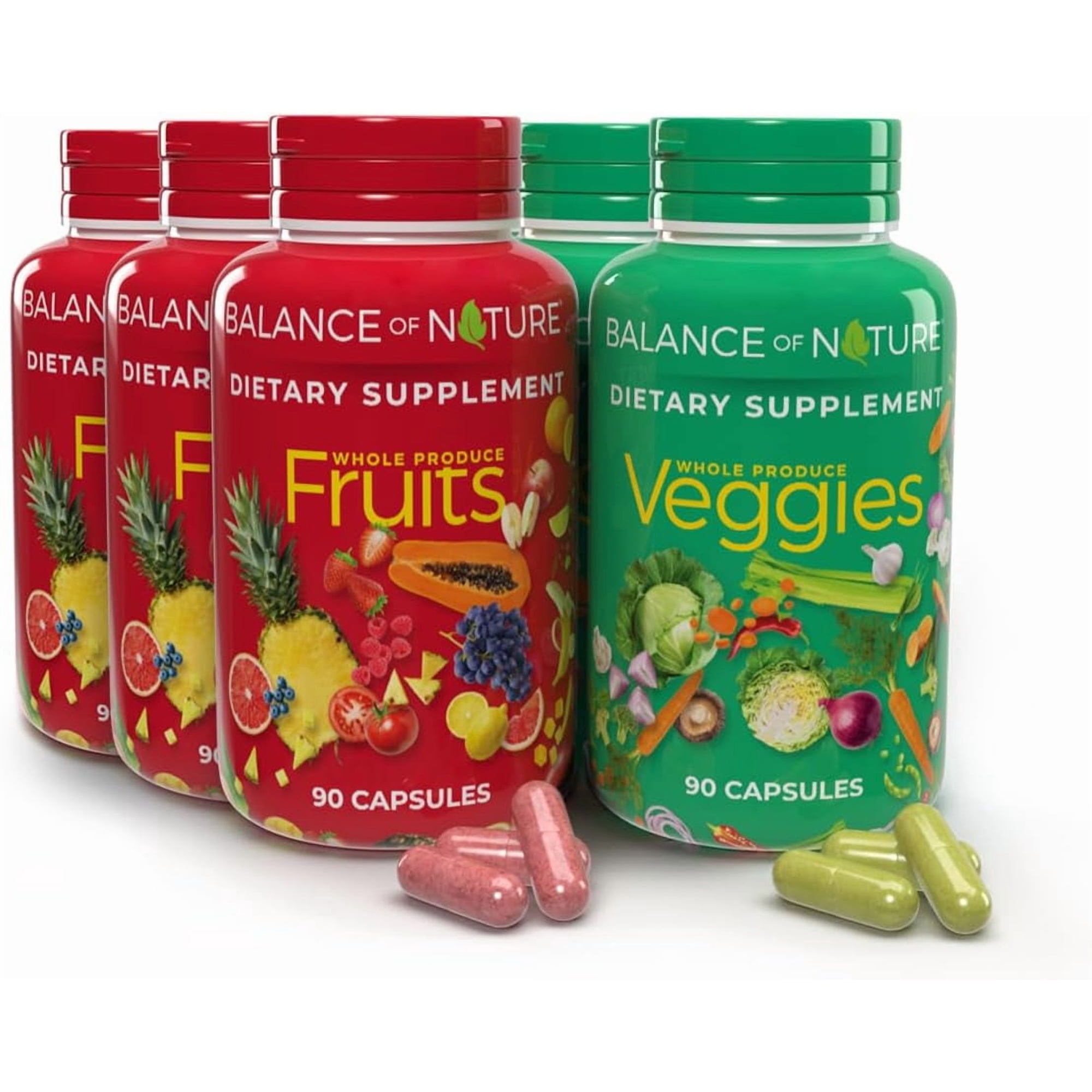 Balance of Nature Fruits & Veggies Whole Food Supplement, 90 Fruit Capsules & 90 Veggie Capsules, 3 Pack