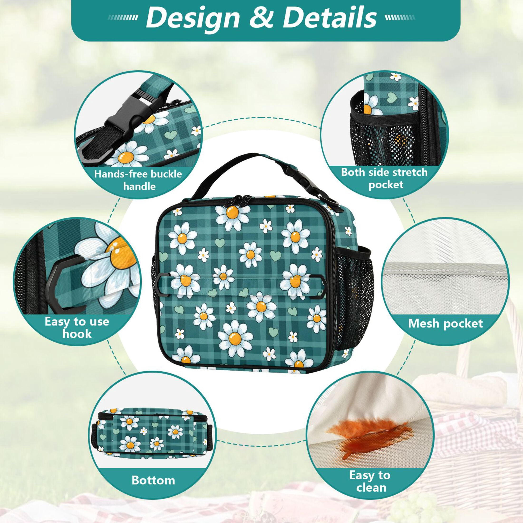 ALAZA Cute Daisy Flower Lunch Box Insulated Lunch Bag Cooler Tote with Shoulder Strap