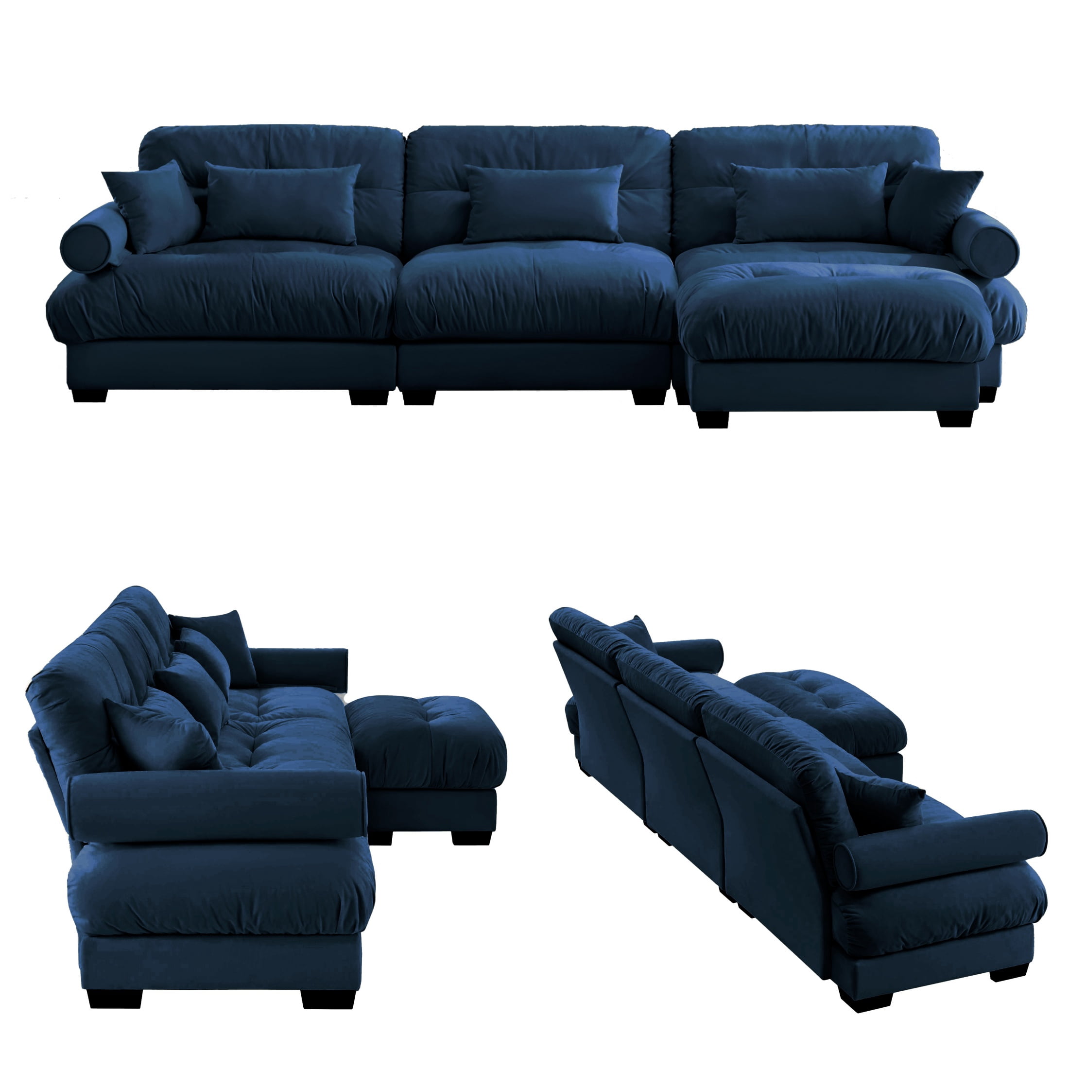Amuille 130" Modular Sectional Sofa Velvet L Shaped Cloud Couch with Movable Ottomans, Deep Seat Couch for Living Room, with Pillows, Blue