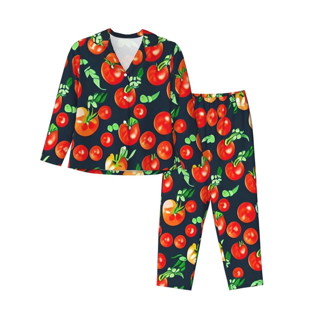 Balery Tomatoes Conjunto de Pijama con Estampado para Mujer, Conjunto de Dos Piezas con Manga Larga, Ropa de Dormir Suave con Bolsillos, Pijamas Cómodos-Medium