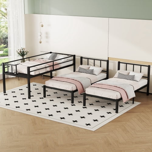Metal Triple Bunk Bed for Kids,Twin Over Twin Over Twin Bunk Bed with Full-Length Guardrail and Ladder,Separates Into 3 Twin Beds,Noise Reduced Structure,Black