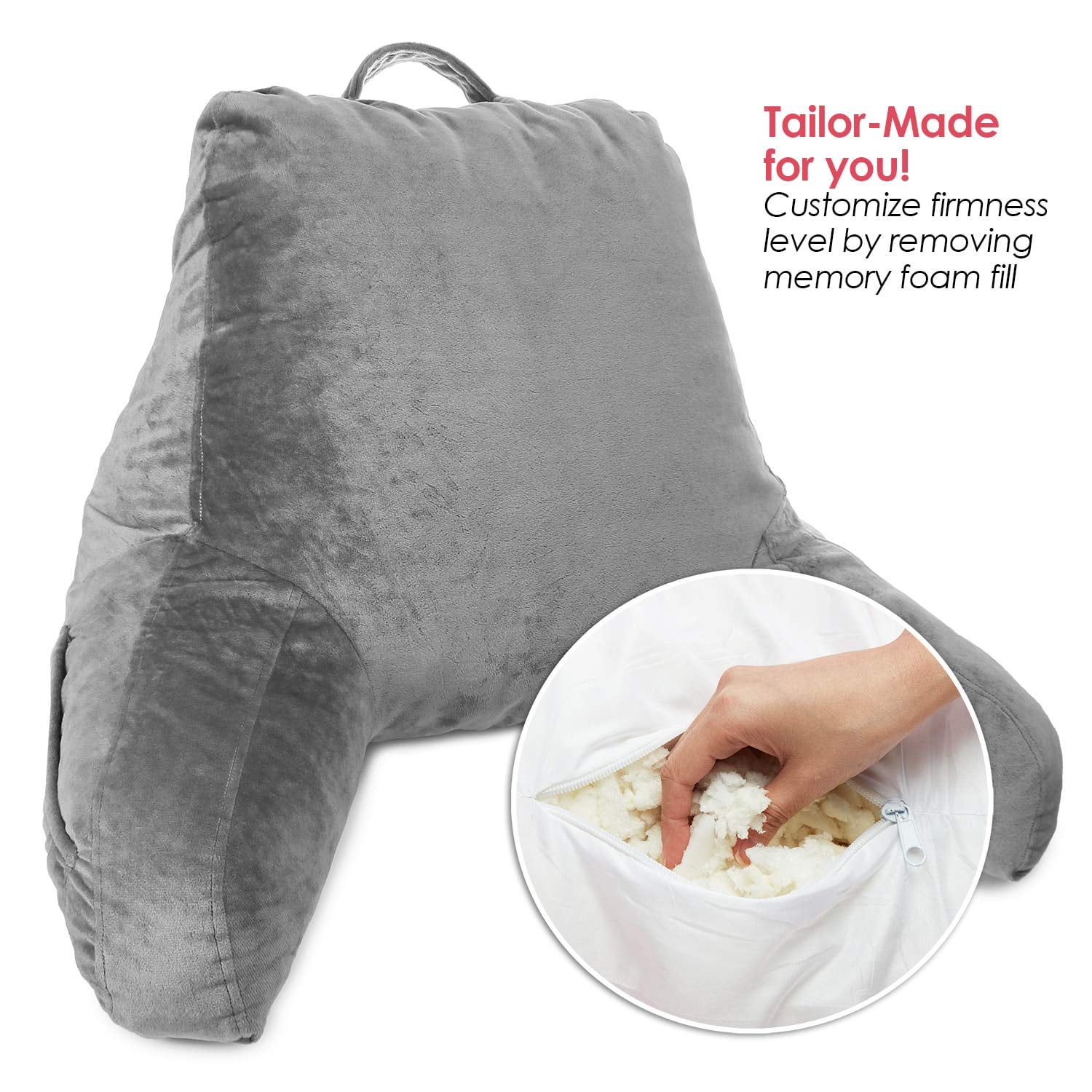 Clara Clark Bed Rest Reading Pillow with Arms and Pockets- Premium Memory Foam Pillow, Medium, Gray