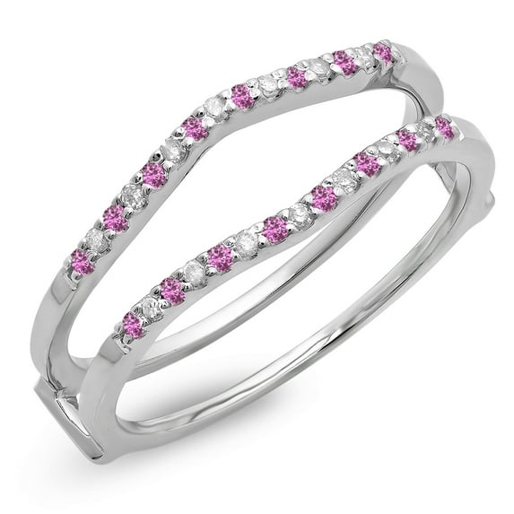 Dazzlingrock Collection 14K Round Pink Sapphire Ladies Anniversary Wedding Enhancer Guard Double Ring, White Gold, Size 4