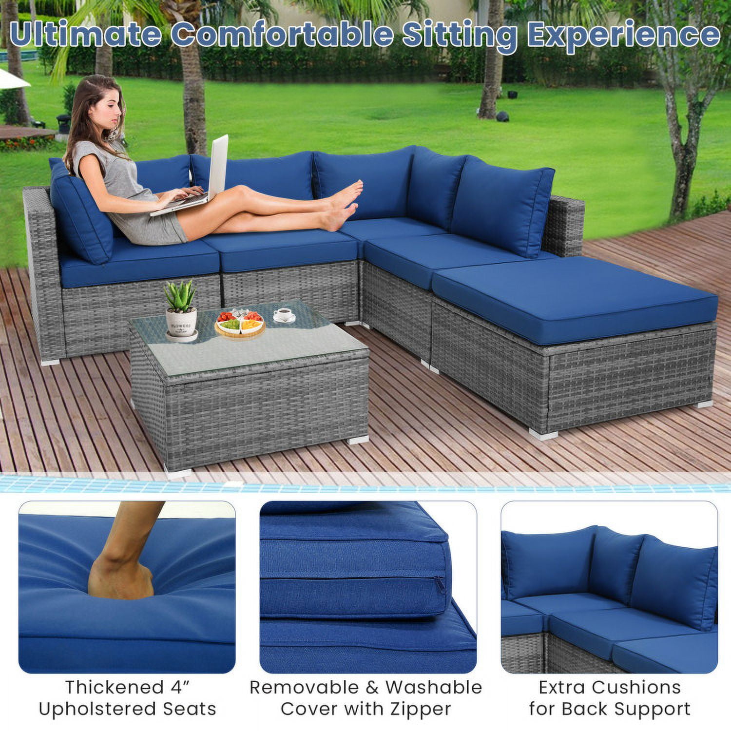 Aimee Lii 6 Pieces Outdoor Rattan Sofa Set with Seat and Back Cushions, Outdoor Patio Set, Navy