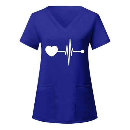 

Black Scrubs Tops For Women Stretch Short Sleeve V-Neck Heart American Flag Printed Top Nursed Working Nursing Uniforms With Pockets