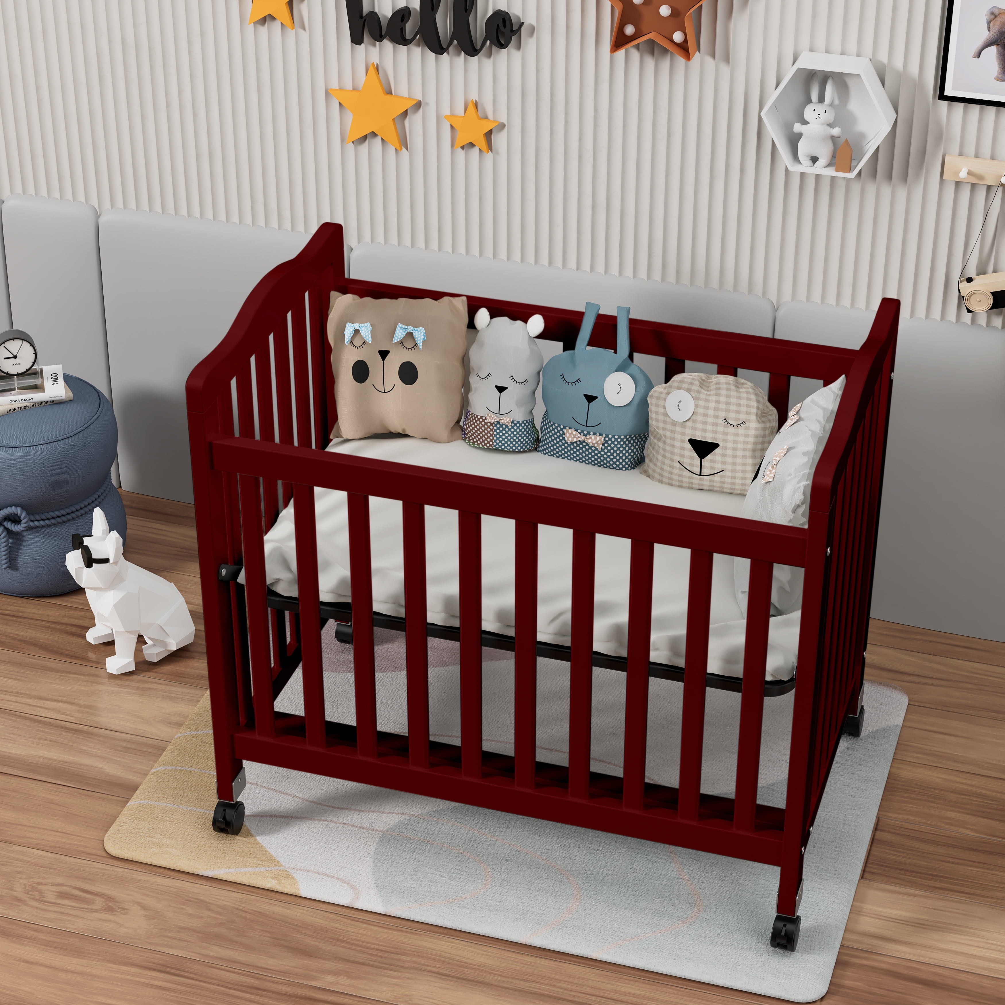 Fizzy Baby Mini Crib, Small Crib with 3-Position Mattress Board, Cherry
