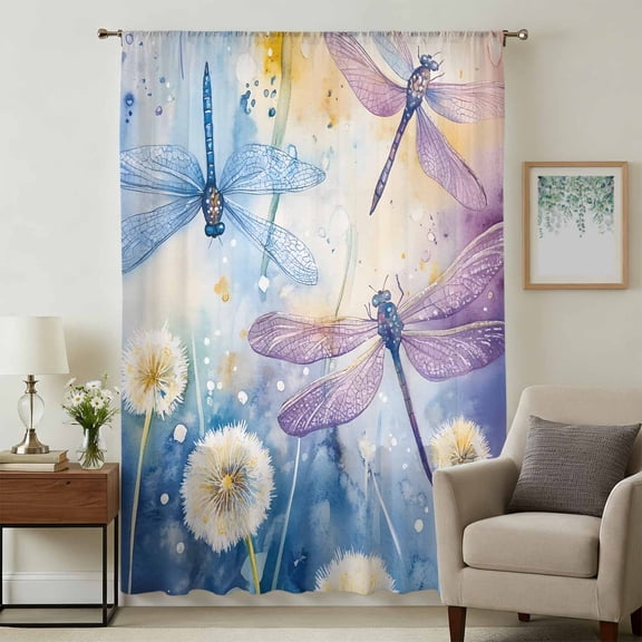 Dragonfly Flowers Sheer Curtains 72 Inches Long, Blue Purple Watercolor Spring Plant Light Filering Curtains, Breathable Simi Curtain Privacy Drapes for Living Room Bedroom Window Treatment
