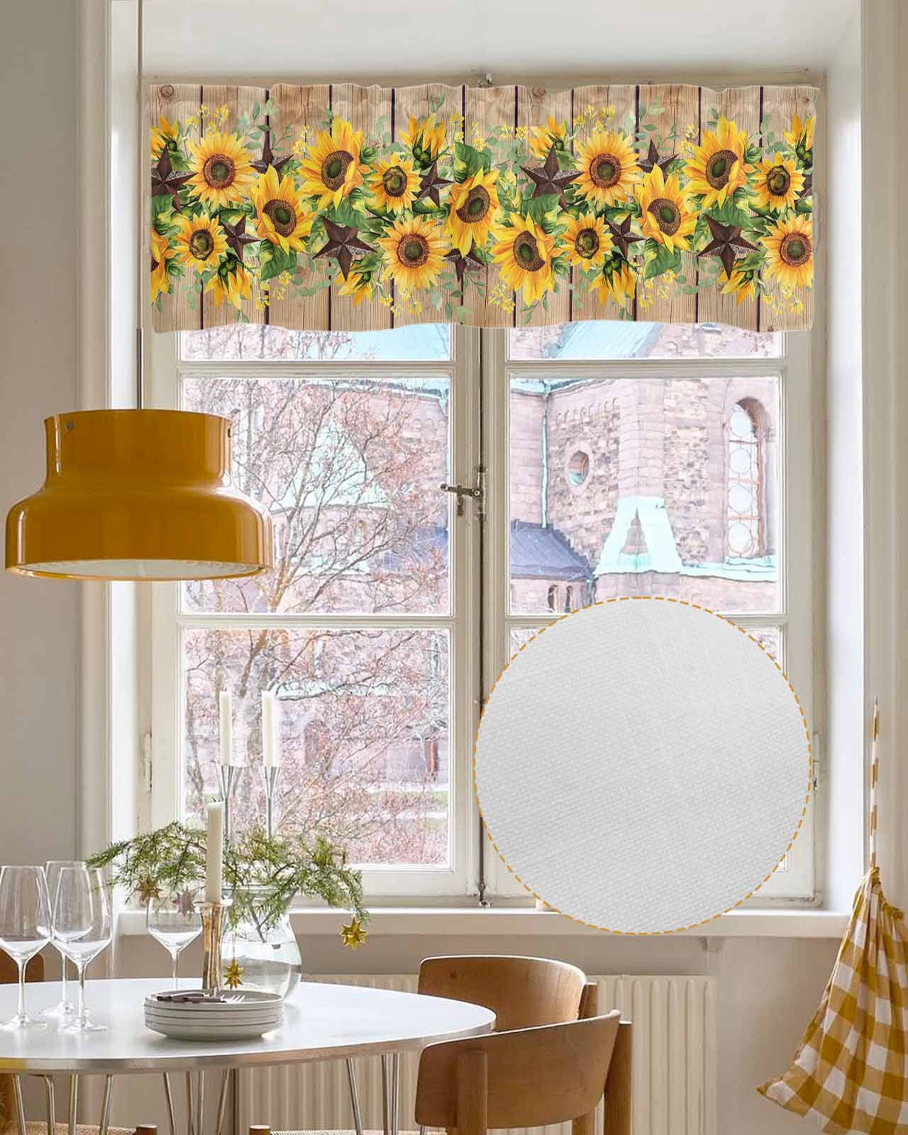 Brown Sunflower Kitchen Valances for Windows Farmhouse Linen Window Valance Curtain for Living Room Window Treatment Rustic Country Star Spring Summer Wooden Valance Rod Pocket Topper, 42 x 18 Inch