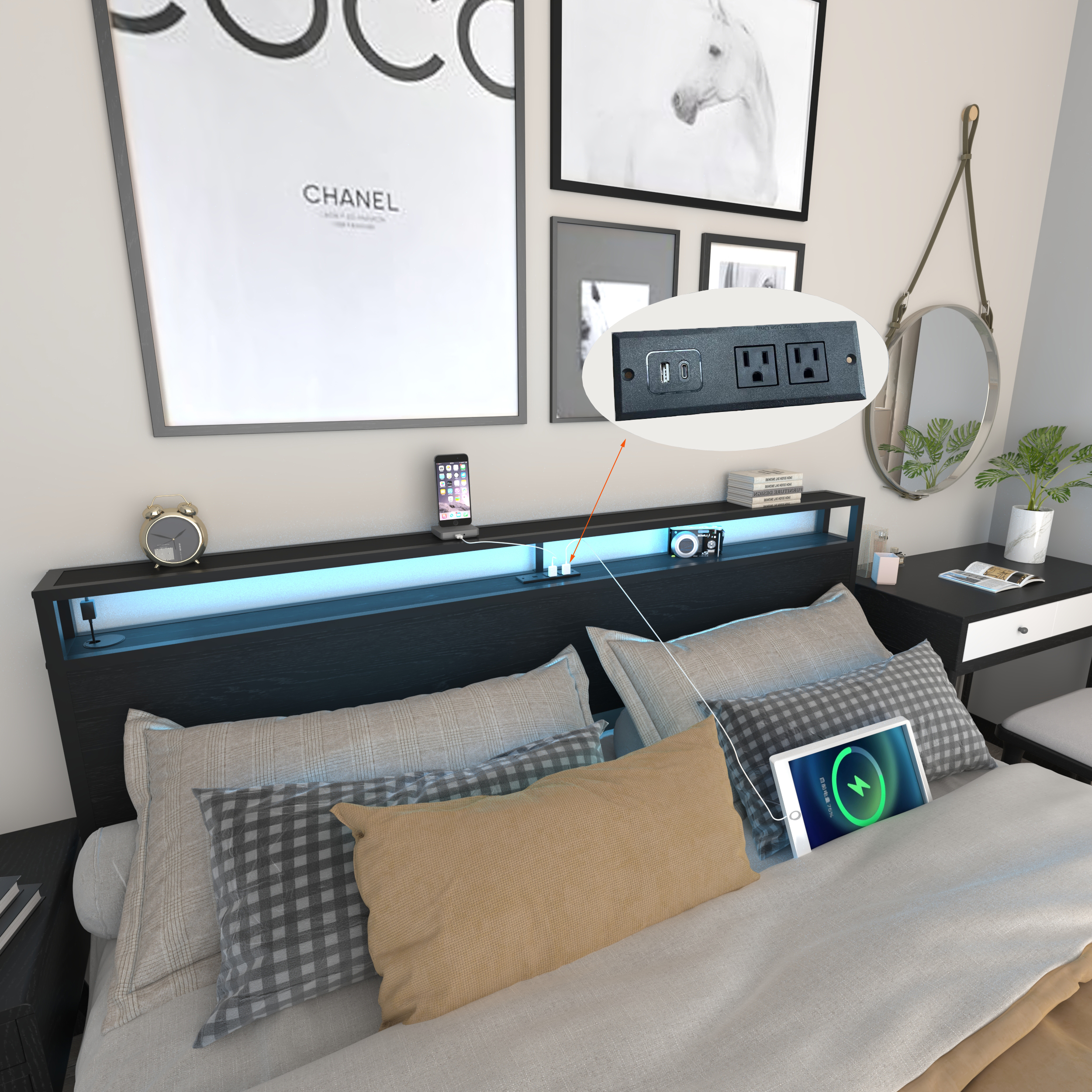 Miniyam King Size Bed with LED Lights, Storage Drawers, USB Charging Headboard for Adult, Black