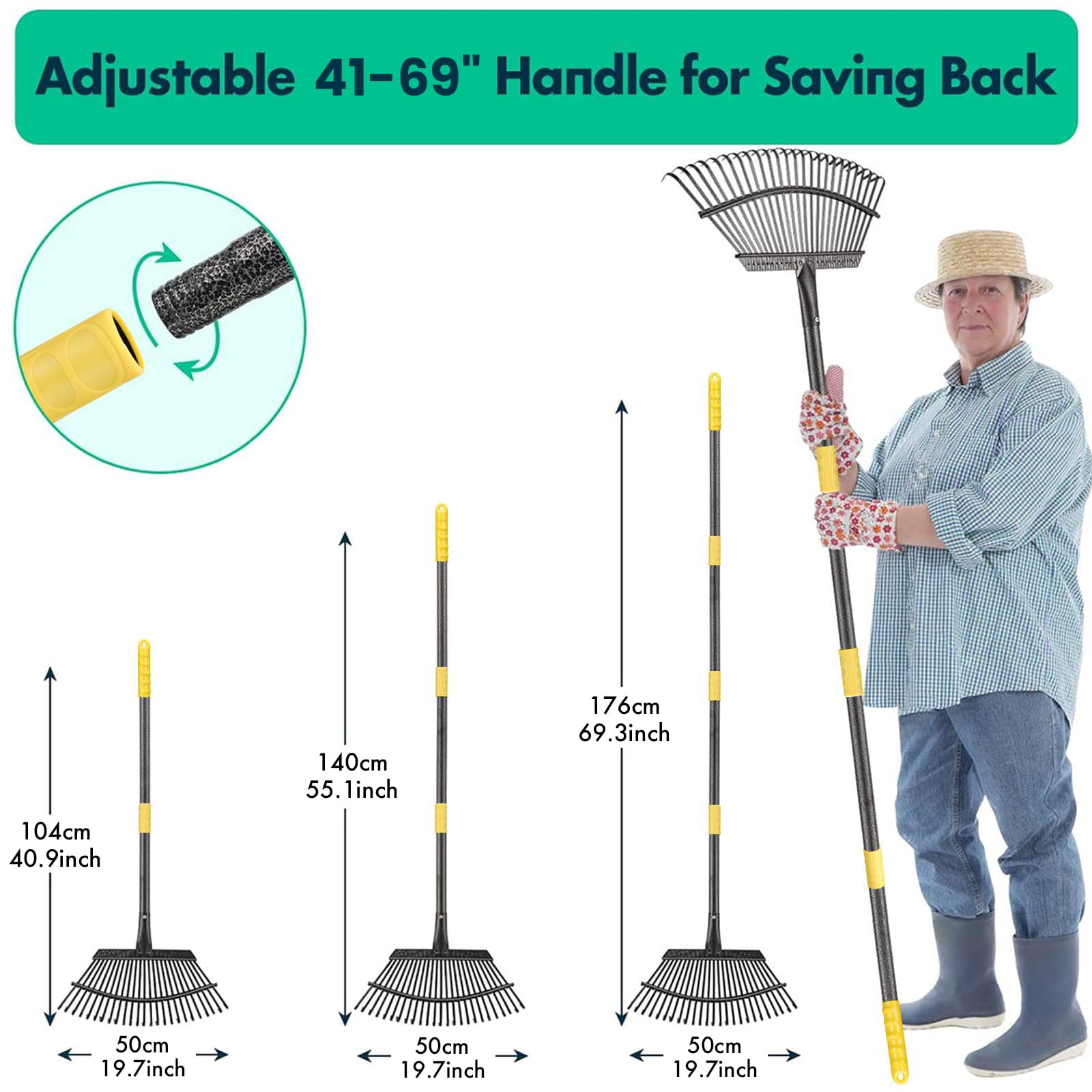 Rake - 69.3 Inch Long Garden Leaf Rake, 19.7 Inch Wide Heavy Duty Leaf Rake for Shrub with 25 Metal Tines, Yard Thatchibng Rake with Ergonomics Adjustable Handle for Picking Leaves