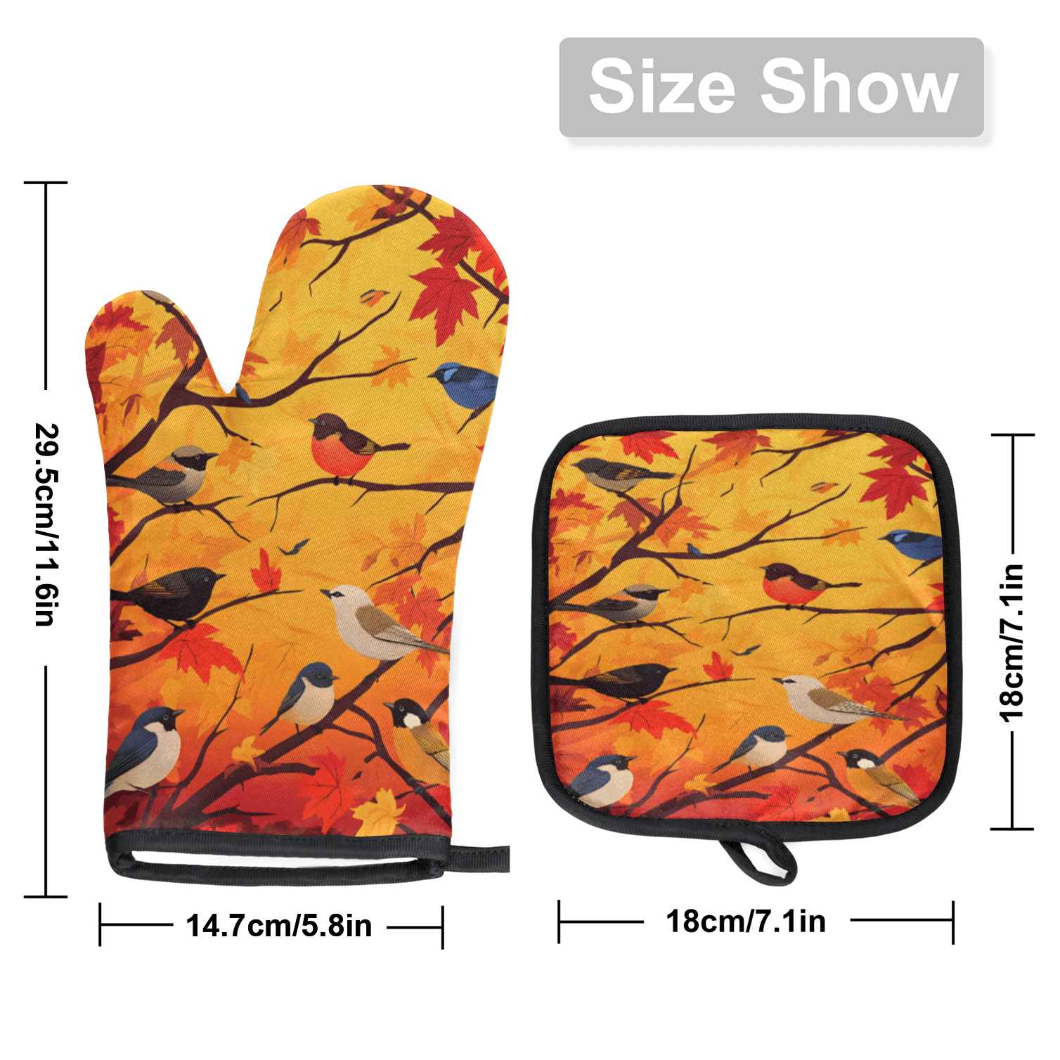 CURLYOOT Birds Fall Maple Leaf Oven Mitts and Pot Holders Sets of 2, Non-Slip Washable Hot Pads and Oven Gloves for Kitchen Cooking Baking