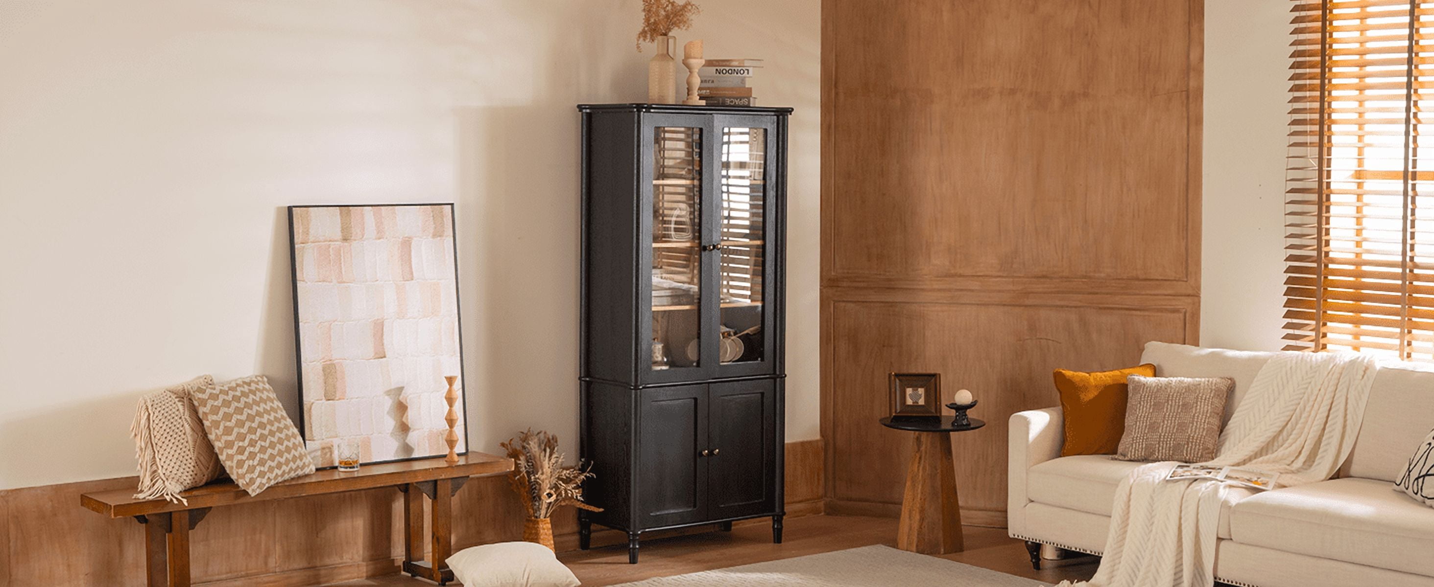 Euroco Vintage Display Cabinet with Storage Mid‑Century Modern Curio Cabinet Glass Doors 4 Adjustable Shelves Black Natural Two‑Tone 73.25 inch H