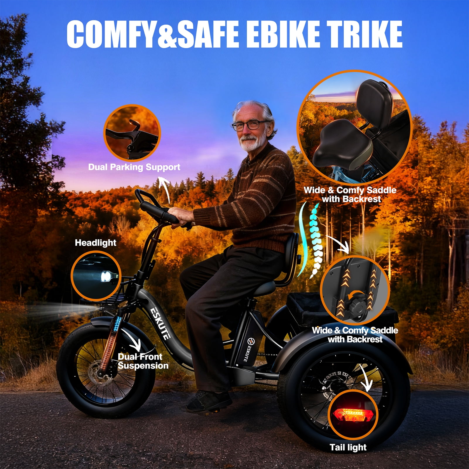 ESKUTE  Black Electric Trike for Adults, 500W Motor 48V 20.8Ah , 1200W Peak Motor, 20"x4.0" Fat Tires, 16+MPH, Foldable 3-Wheel Butterfly Handlebar E-Bike with Storage Bags, Gifts for Parent