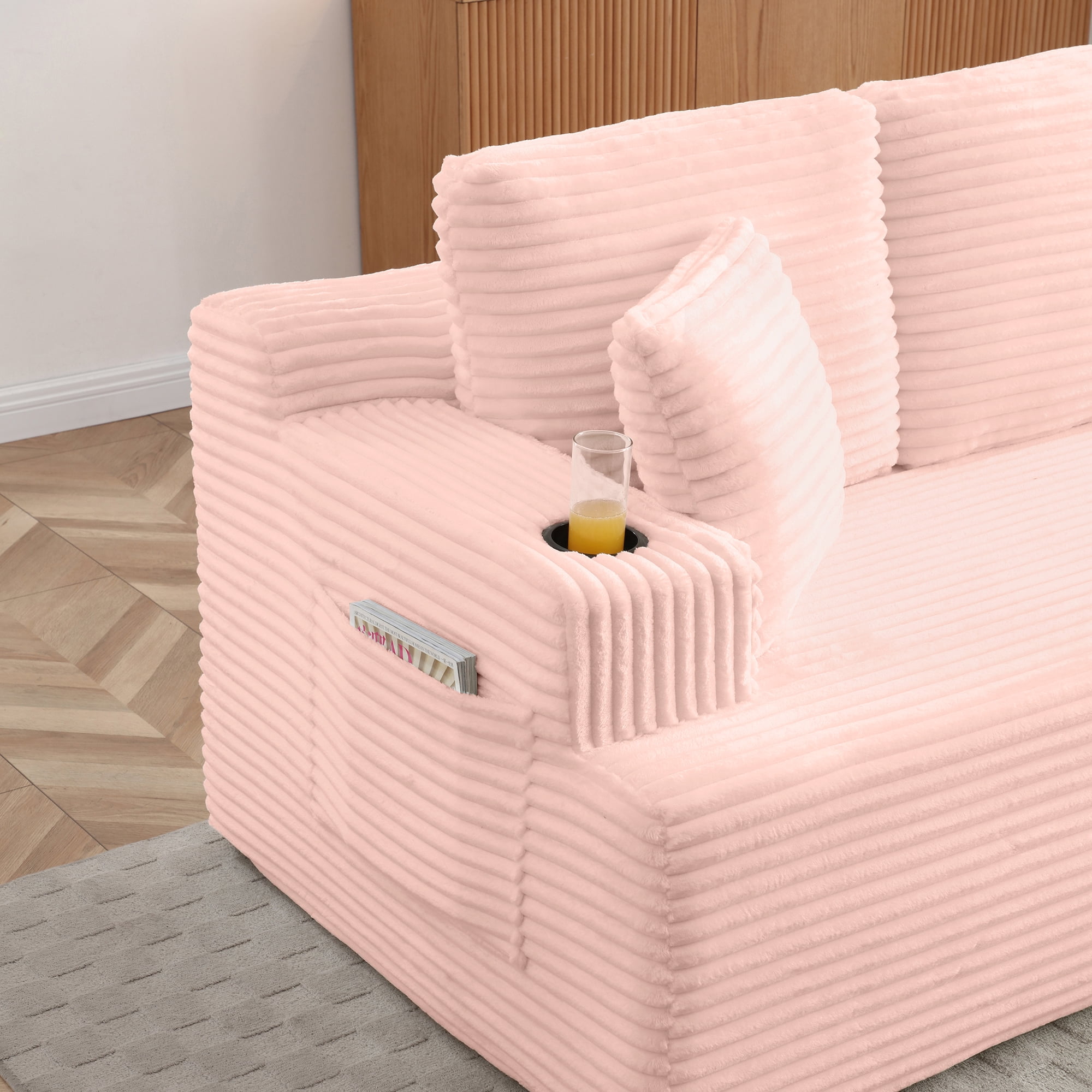 Miniyam 3-Seats Cloud Couch Corduroy Sofa, Boneless Floor Couch No Assembly, with Cup Holders & Side Pockets for Living Room (Pink)