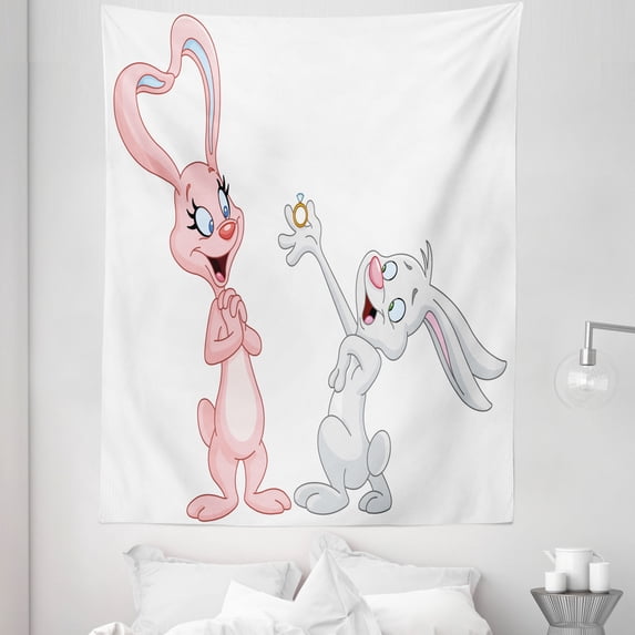 Cartoon Tapestry, Cartoon Bunnies Proposing Rabbits with Wedding Ring Art Print, Fabric Wall Hanging Decor for Bedroom Living Room Dorm, 5 Sizes, Pale Pink and Grey, by Ambesonne