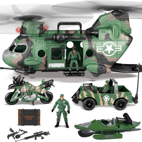 QJUHUNG 10-in-1 Military Helicopter Toys Set with Light Sound Trucks Boat Bike Army Men Weapons - Kids Gifts