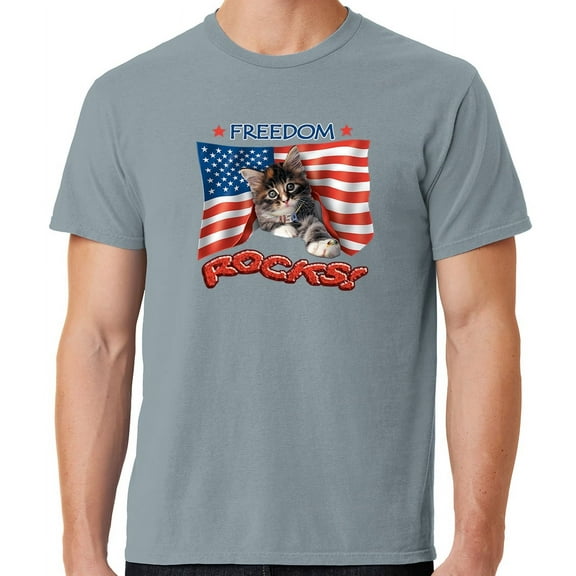 Mens Freedom Rocks Patriotic Kitten Cotton Tee Shirt, Medium Dove Grey