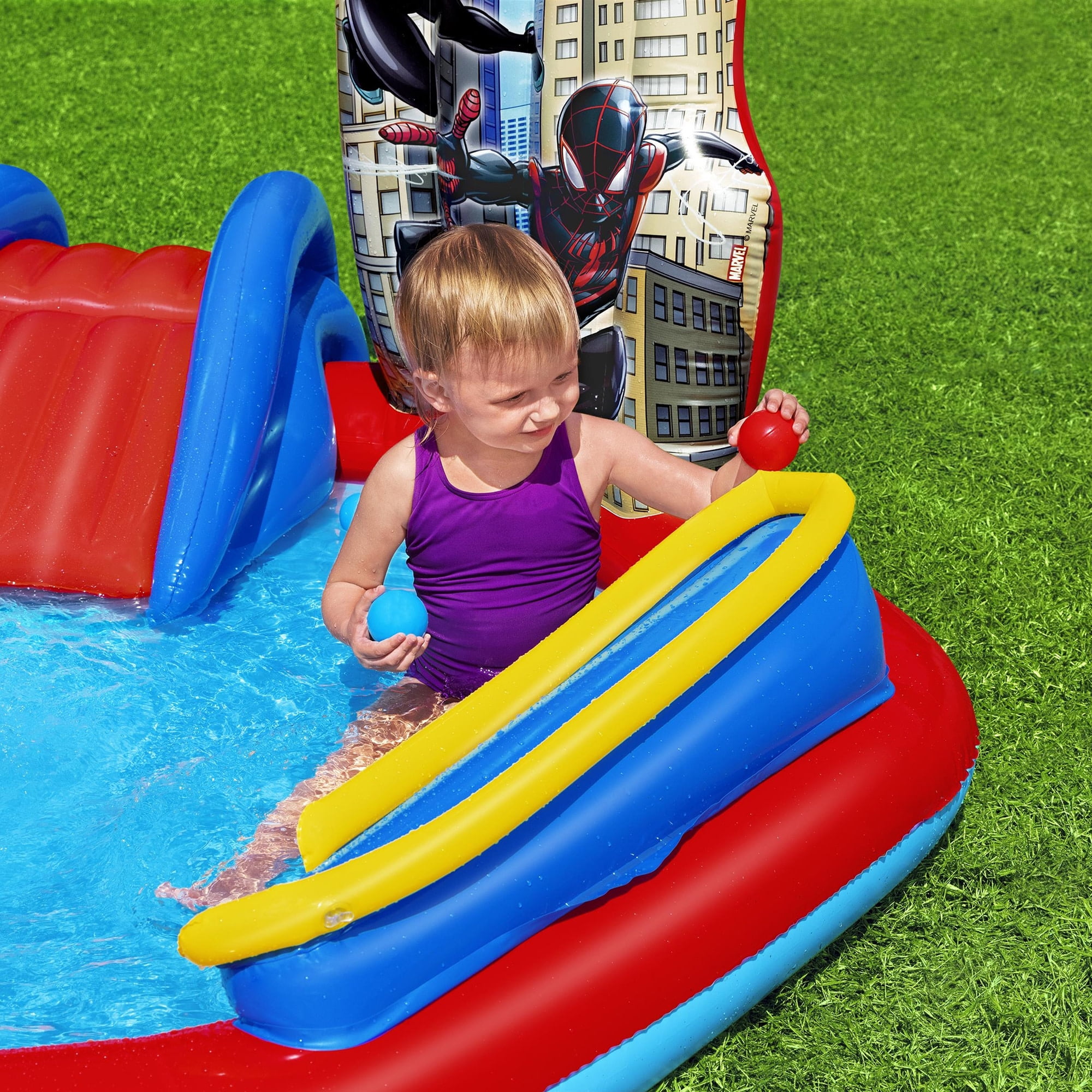 Bestway: Spider-Man Inflatable Water Play Center - 6'11"x6'9"x50", Splash Pool-Slide-Arch Sprayer, 6 Balls, Marvel Superhero Ring Toss, Toddler-Kid 2+