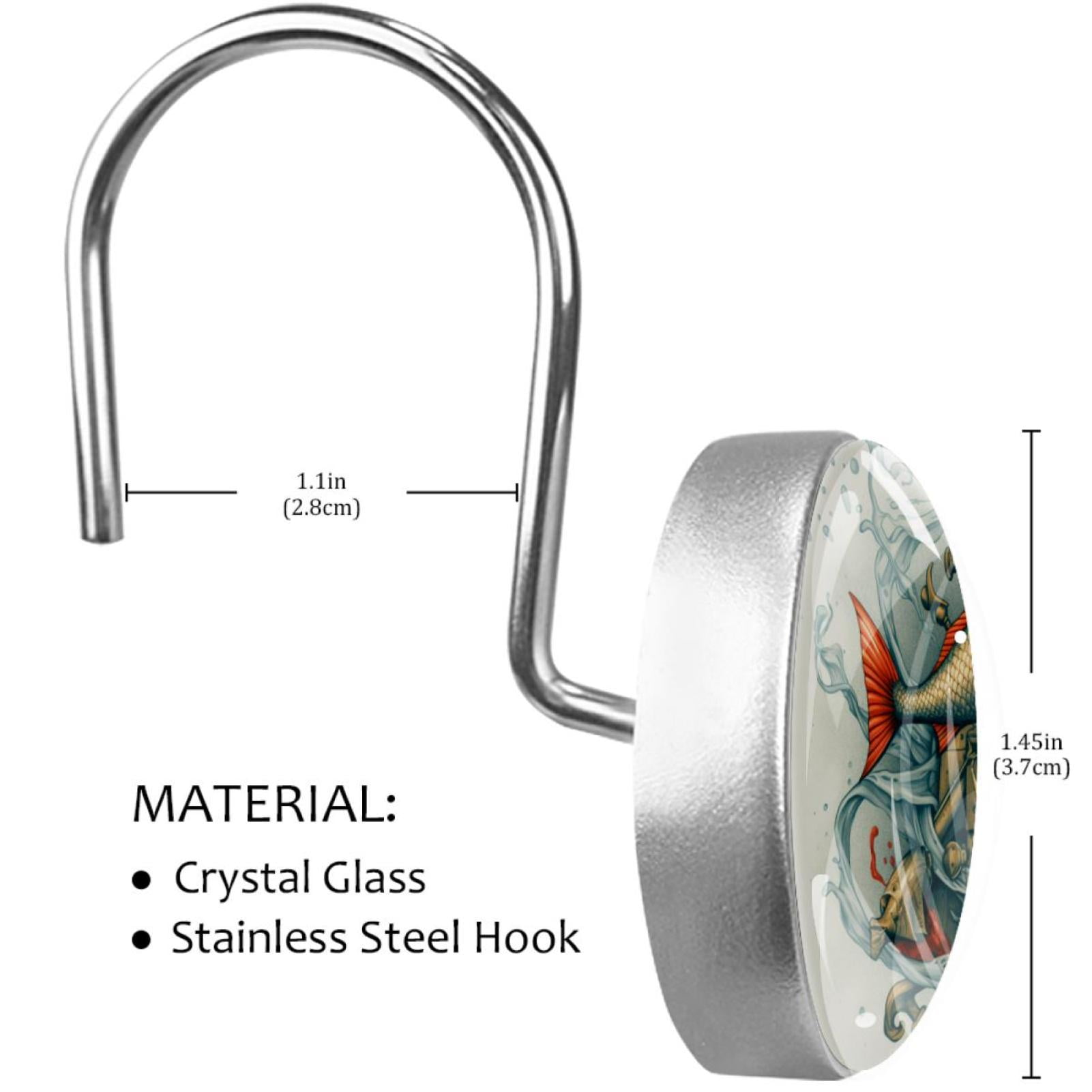 Anchor Fish Shower Curtain Hooks （Set of 12） for Home Hotel Shower Rods Bathroom Crystal Glass Print Stainless Steel Round Curtain Hooks