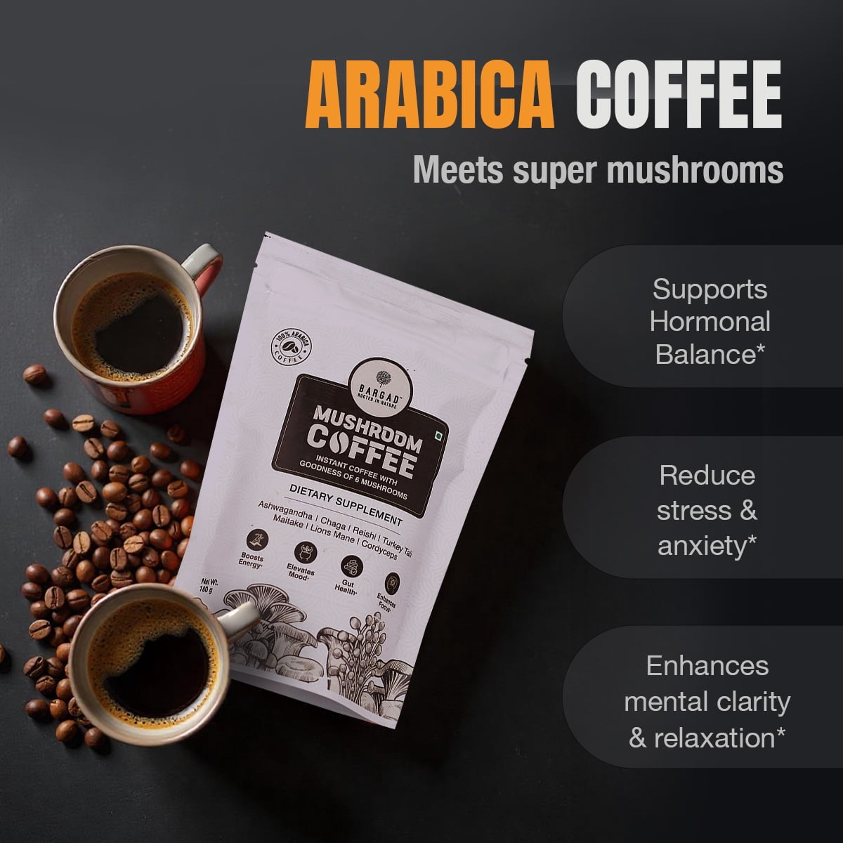 BARGAD Mushroom Coffee | 6 Adaptogen Mushrooms | Premium Instant Coffee With benefits of Lion's Mane, Chaga & Turkey Tail for Better Focus, Immune support, Energy, Digestion & Skin | 30 Servings