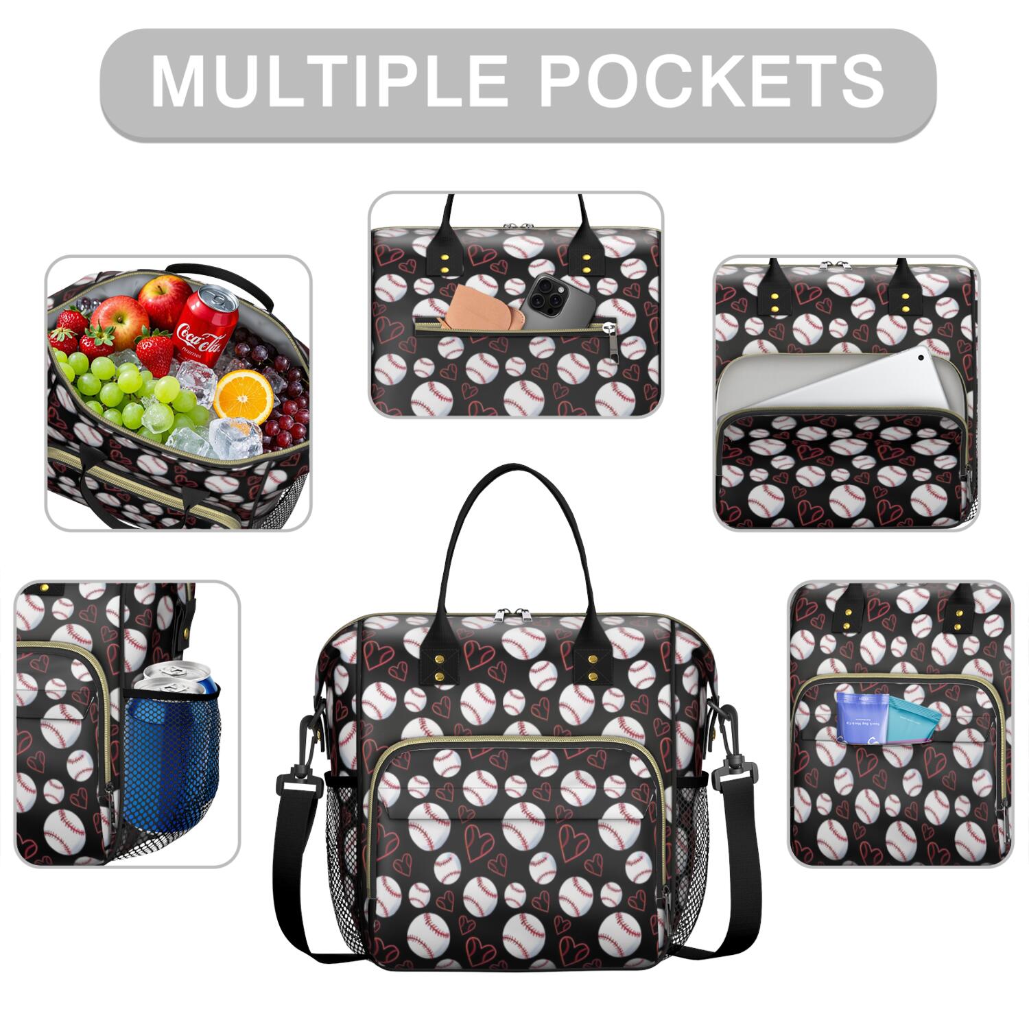 Black Baseballs and Hearts Pattern Womens Lunch Box for Work,Insulated Large Lunch Bag for Tween and Teen,Loncheras Para Mujer,Leakproof Adult Lunch Bag for Work,Beach,Travel,Picnic,Camping