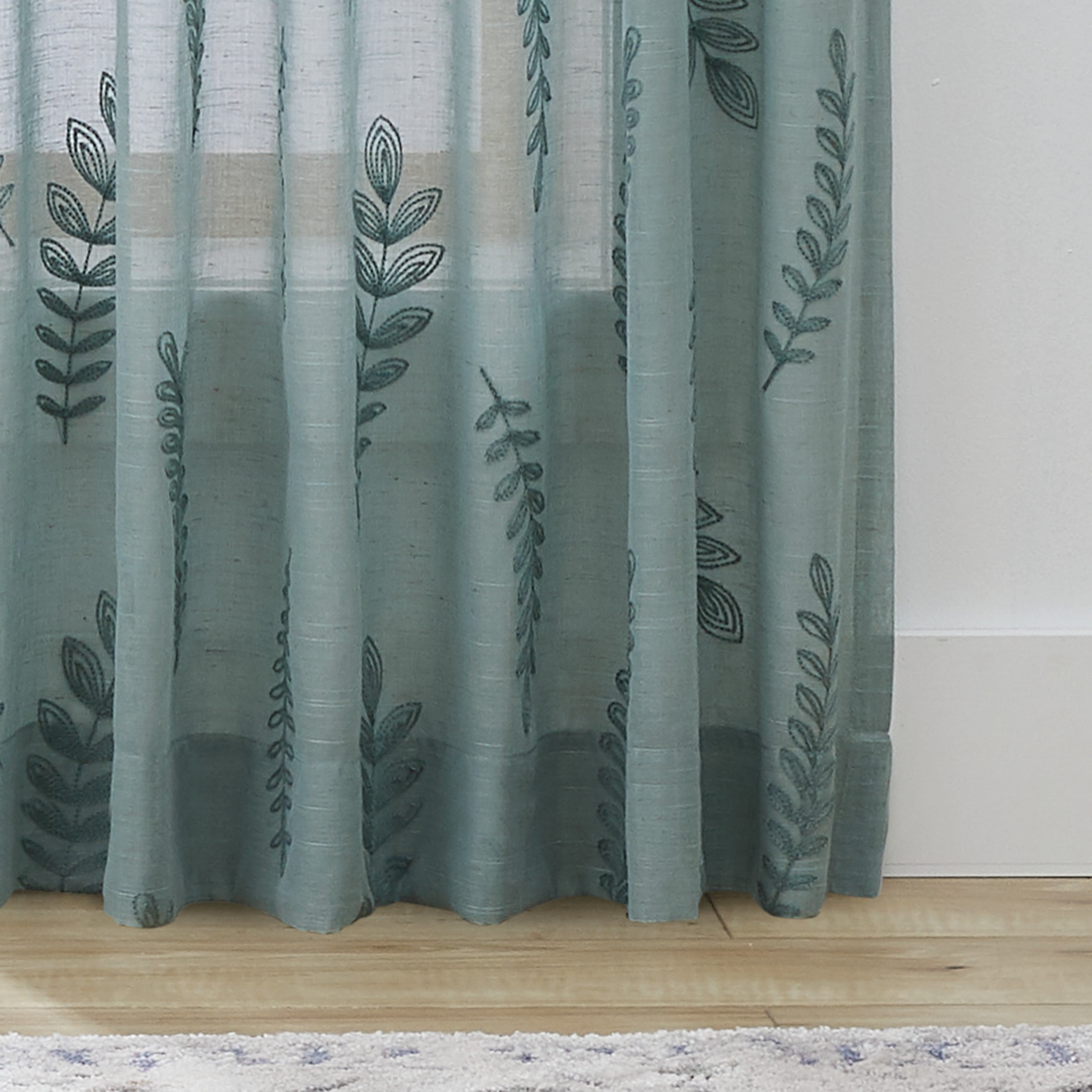 Better Homes & Gardens Embroidered Botanical Sheer Curtain, Single Panel, Green River, 50" W x 84" L