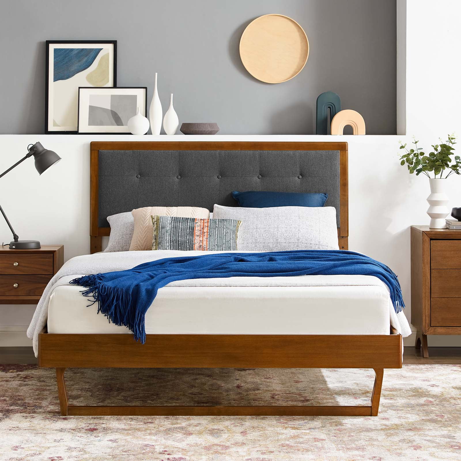 Platform Bed Frame, King Size, Wood, Brown Walnut Grey Gray, Modern Contemporary Urban Design, Bedroom Master Guest Suite