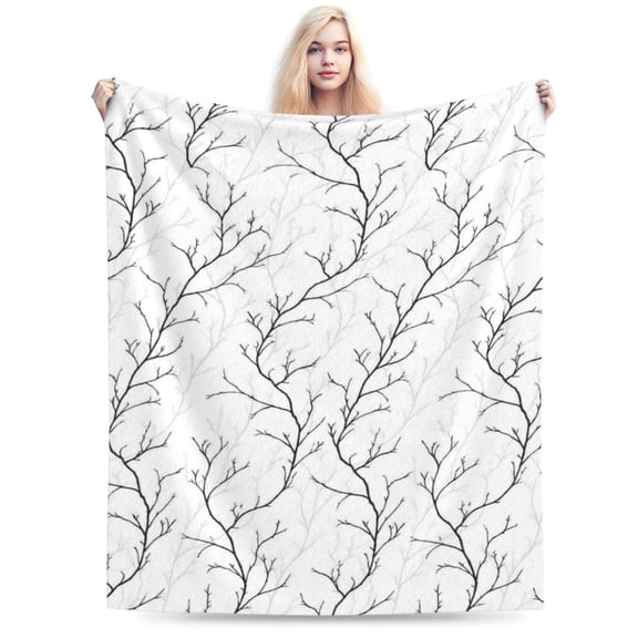 Fleece Blanket Retro Tree Branches Texture Blankets, Soft Cozy Warm Flannel Throw Blanket, Vintage Plants on White Blanket for Bed Couch Sofa 50x40