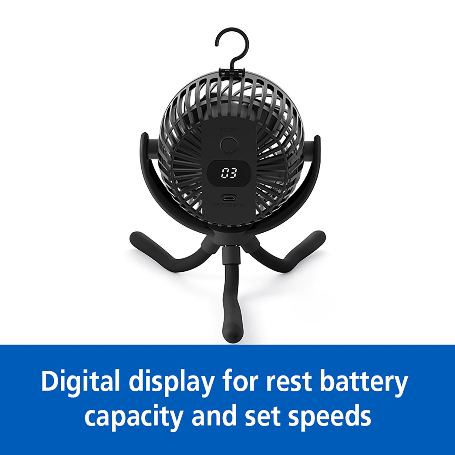 Mainstays 4" 3-speed Portable Rechargeable Fan, Flexible Tripod and Digital Display, Black, Model#FN1005NBK