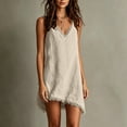 thumbnail image 6 of ClodeEU Women's V Neck Adjustable Spaghetti Strap Dress with Fringe Trim,Casual Summer Mini Dress Khaki,Women's Plus XL, 6 of 8