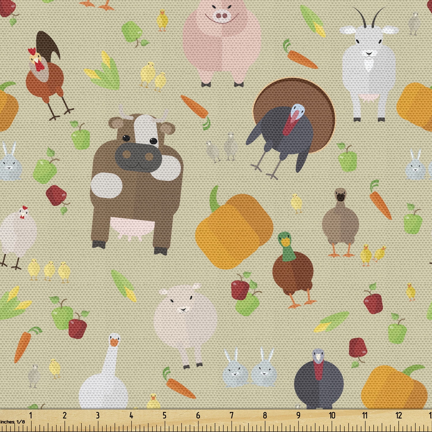 Farmhouse Sofa Upholstery Fabric by the Yard, Barnyard Theme Cartoon