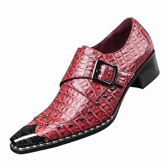 Men's Croc-Embossed Monk Strap Dress Shoes, Pointed Toe, Block Heel, Studded Casual Loafers Business Dress Shoes