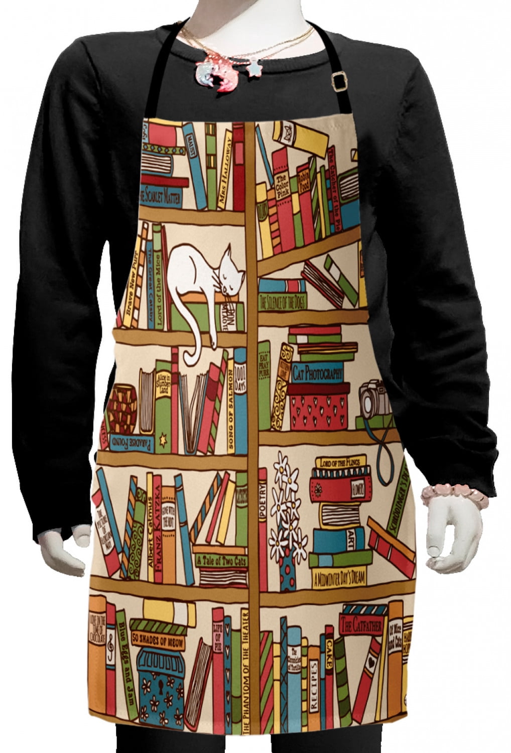 Cat Kids Apron, Nerd Book Lover Kitty Sleeping over Bookshelf Library ...