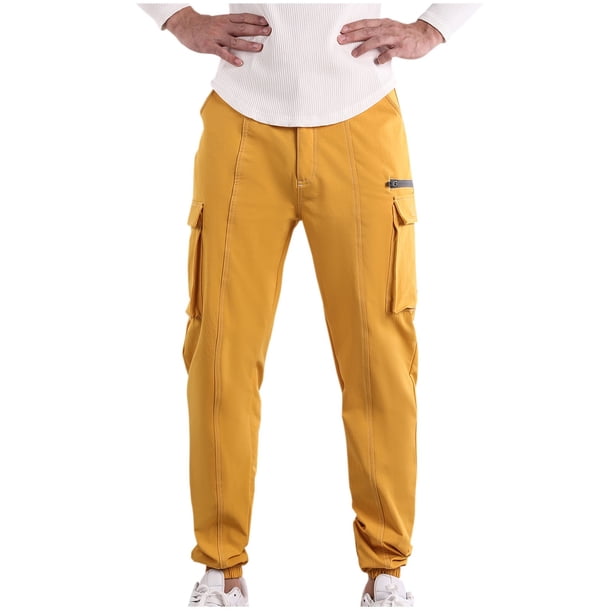 Puntoco Pantalones casuales largos para hombre Pantalones cargo con múltiples bolsillos, botones, cremallera y pie fruncido a la moda para hombre
