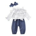 thumbnail image 2 of AURIGATE 3PCS Baby Outfits, Girls Infant Newborn Flared Sleeve Tassel Ruffle Tops Denim Pants Headband Clothes Sets, 2 of 5