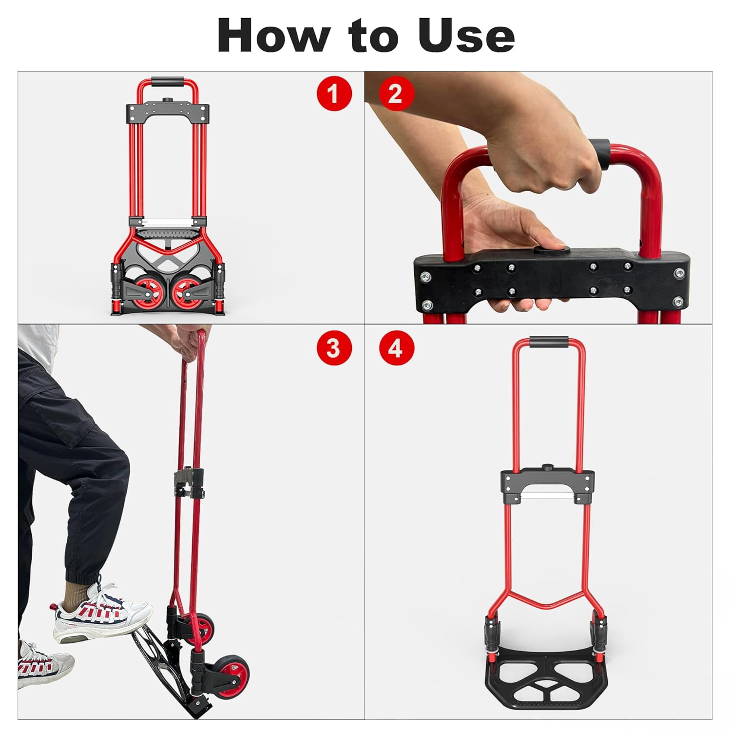 Folding Hand Truck Dolly Cart, 180LBS Portable Aluminum Hand Truck Foldable with Telescoping Handle and Elastic Cord for Luggage, Boxes, Functionality Foldable Dolly for Home, Moving, Black Red