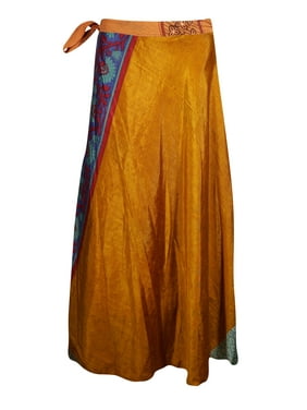 Mogul Women Sari Wrap Skirt 2 Layer Multi Color Long Wrap Around Skirts Boho Sarong Dress