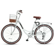 Viribus 24 Women's Cruiser Bike for Adults, 7-Speed Beach & City Bicycle with Basket Rack, White