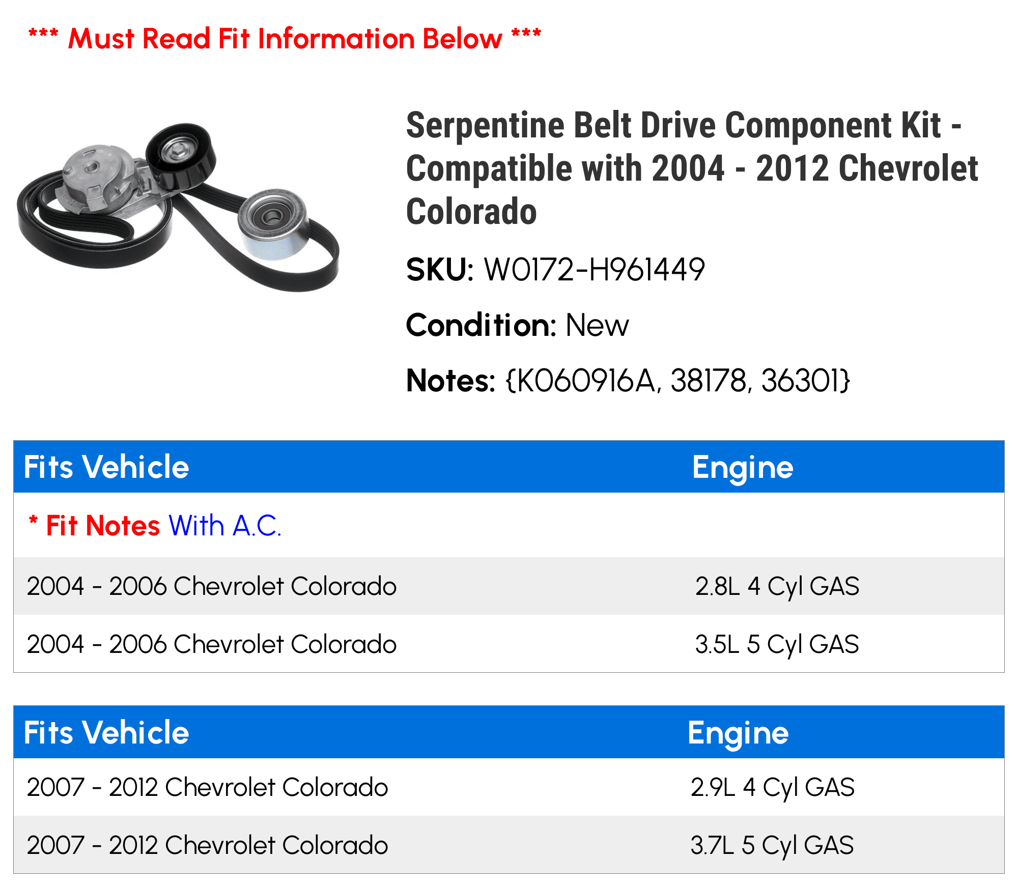 Serpentine Belt Drive Component Kit Compatible with 2004-2012 Chevy Colorado