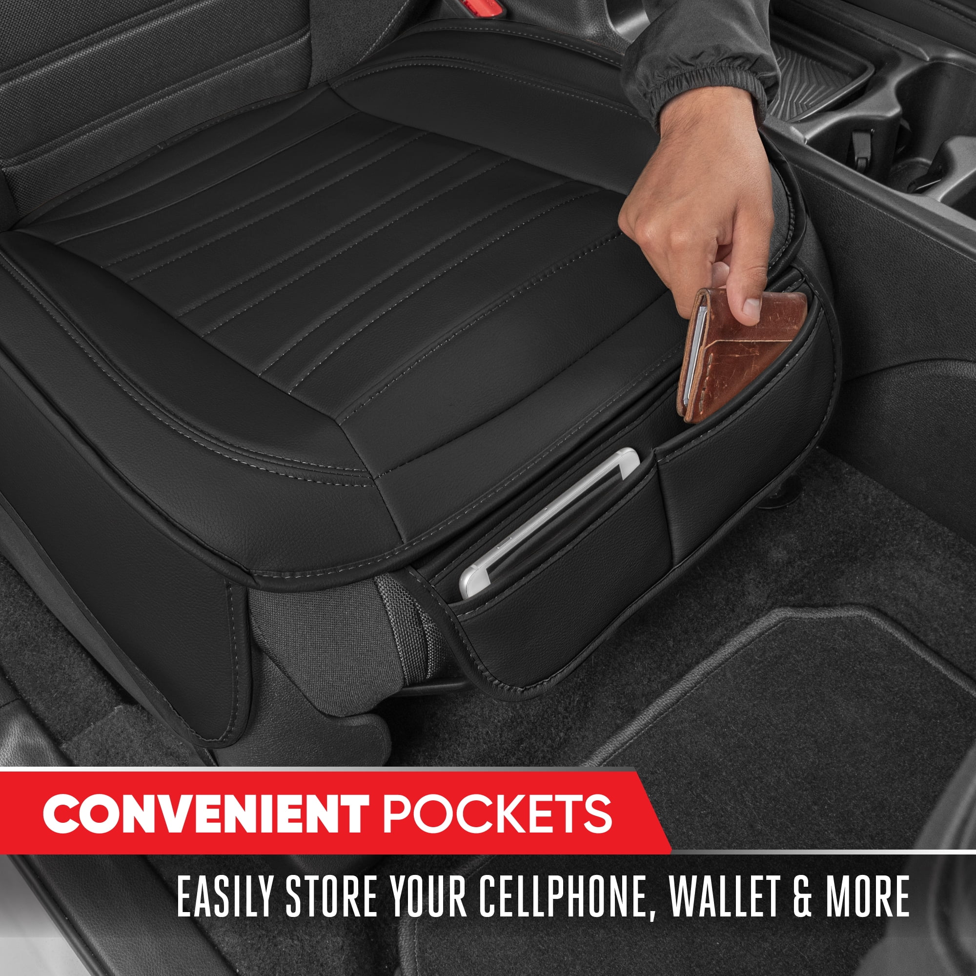 Motor Trend Faux Leather Front Seat Cover for Cars - Set of 2 Black Front Car Seat Covers for SUV & Truck with Storage Pockets - Automotive Car Seats Cover Protector - For Bottom Cushion Coverage Onl